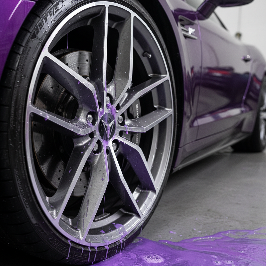 고급 스포츠카의 알로이 휠에 보라색으로 반응하며 흐르는 철분 제거 휠 세정제의 화학적 반응 과정을 포착한 초고화질 클로즈업 사진