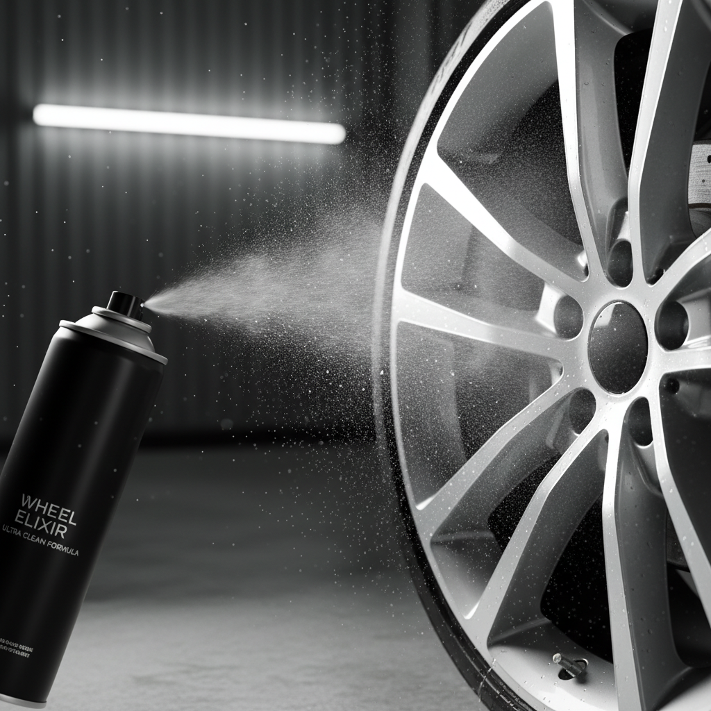세련된 검정색 스프레이 용기에서 뿜어져 나오는 미세한 휠 세정제 입자가 은색 자동차 휠에 닿는 순간을 담은 역동적인 찰나의 이미지