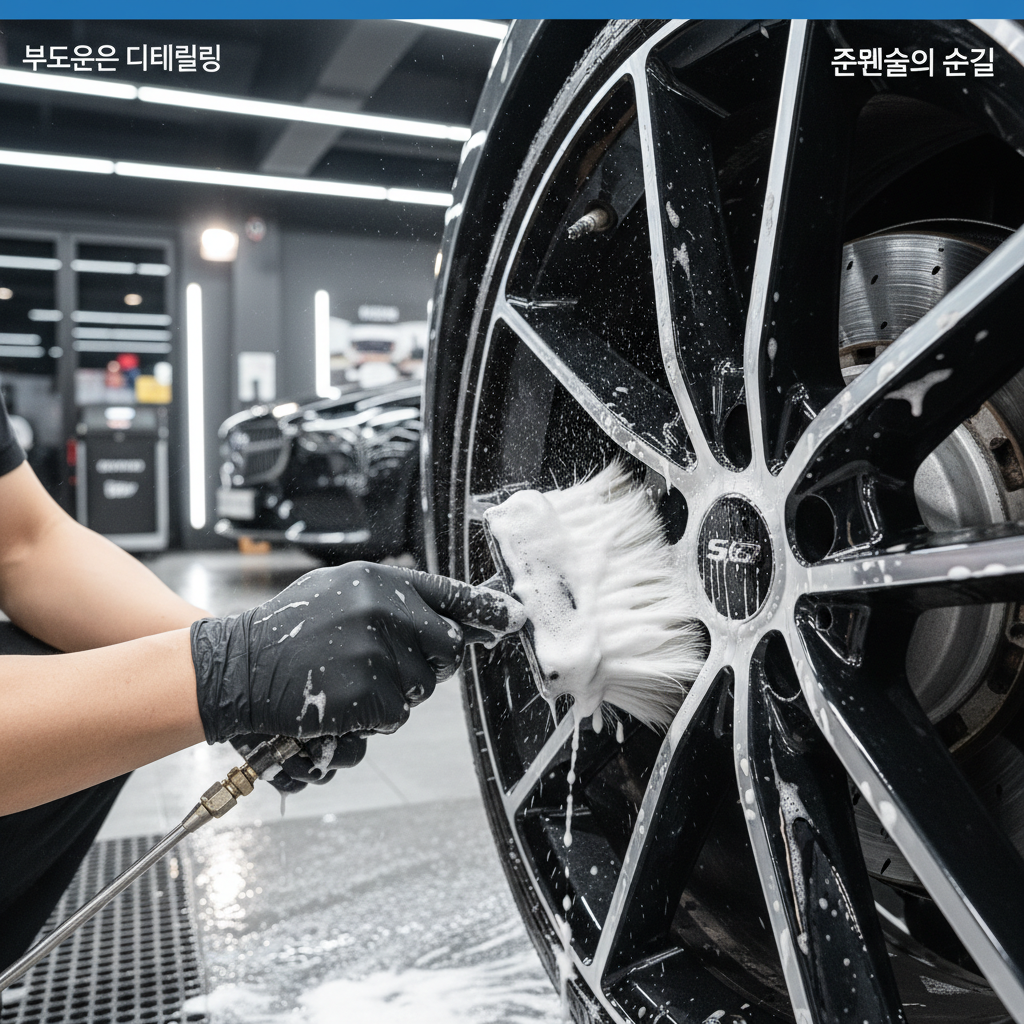 부드러운 디테일링 브러시를 사용하여 휠의 복잡한 스포크 사이사이에 풍성한 거품을 내며 청소하는 전문가의 손길을 담은 고해상도 사진