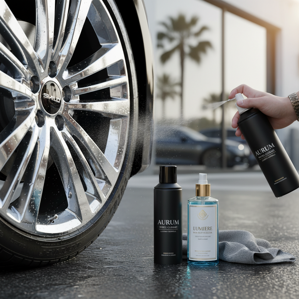 세차 직후 물기가 남아있는 반짝이는 크롬 휠 옆에 나란히 놓인 프리미엄 휠 세정제 제품의 감성적인 라이프스타일 연출 컷