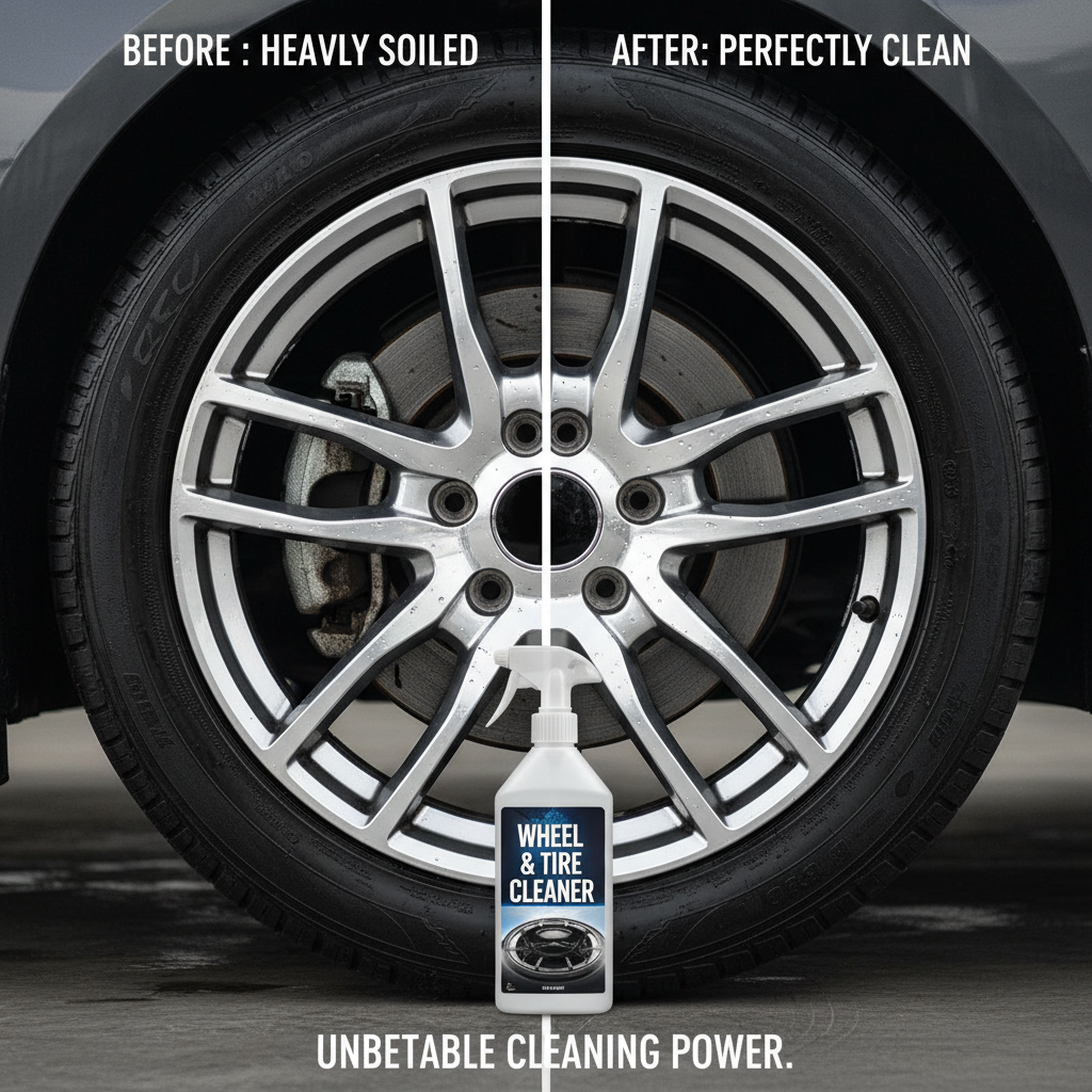 오염된 상태의 휠과 세정제 사용 후 완전히 깨끗해진 상태를 한 화면에 보여주는 깔끔한 전후 비교 레이아웃 이미지