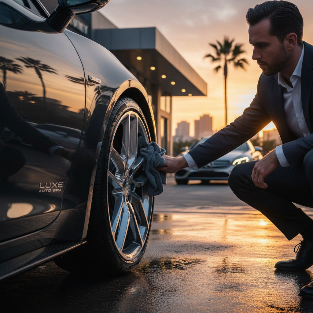 석양 무렵의 야외 세차장에서 극세사 타월로 휠의 물기를 닦아내며 거울처럼 빛나는 광택을 강조한 세련된 분위기의 사진